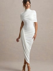 Club L London White Enchant Asymmetric Twisted Cape Midi Dress - Image 4 of 6