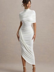 Club L London White Enchant Asymmetric Twisted Cape Midi Dress - Image 5 of 6