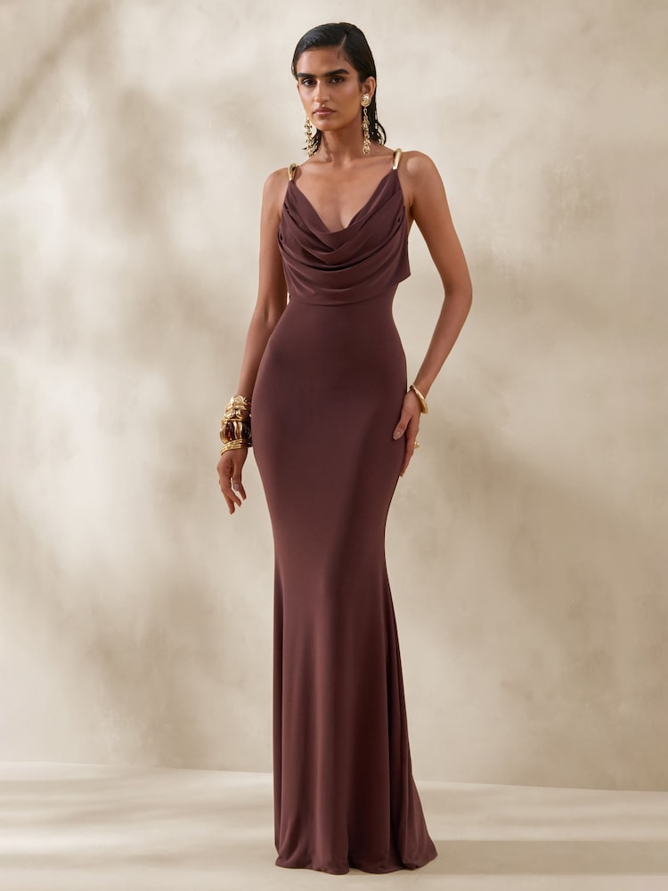 Club L London Brown Iridessa | Plunge-Neck Maxi Dress - Image 1 of 5 Club L London Brown Iridessa | Plunge-Neck Maxi Dress - Image 1 of 5