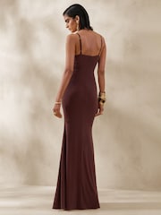 Club L London Brown Iridessa | Plunge-Neck Maxi Dress - Image 2 of 5