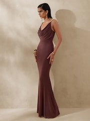 Club L London Brown Iridessa | Plunge-Neck Maxi Dress - Image 3 of 5