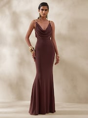 Club L London Brown Iridessa | Plunge-Neck Maxi Dress - Image 4 of 5