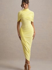 Club L London Yellow Enchant Asymmetric Twisted Cape Midi Dress - Image 1 of 6