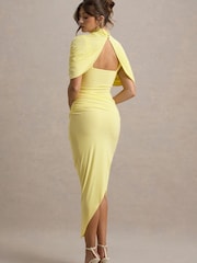 Club L London Yellow Enchant Asymmetric Twisted Cape Midi Dress - Image 2 of 6