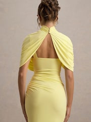 Club L London Yellow Enchant Asymmetric Twisted Cape Midi Dress - Image 4 of 6