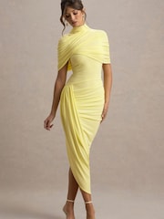 Club L London Yellow Enchant Asymmetric Twisted Cape Midi Dress - Image 5 of 6