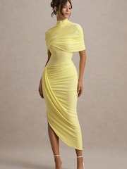Club L London Yellow Enchant Asymmetric Twisted Cape Midi Dress - Image 6 of 6