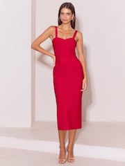 Lipsy x Samie Elishi Red Strappy Bodycon Midi Bandage Dress - Image 1 of 5
