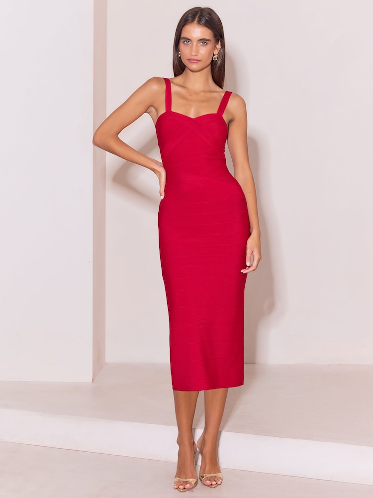 Lipsy x Samie Elishi Red Strappy Bodycon Midi Bandage Dress - Image 1 of 5