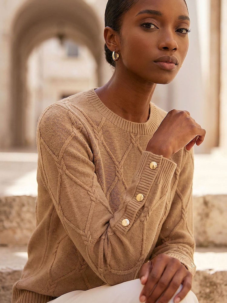 Roman Brown Petite Button Cuff Knit Jumper - Image 1 of 4 Roman Brown Petite Button Cuff Knit Jumper - Image 1 of 4