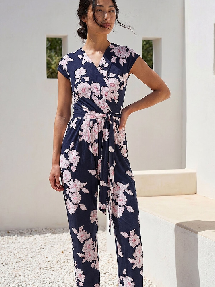 Roman Blue Petite Floral Jumpsuit - Image 1 of 4 Roman Blue Petite Floral Jumpsuit - Image 1 of 4