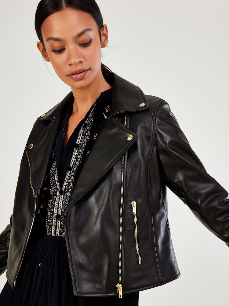 Monsoon Black Leather Biker Jacket - Image 2 of 6