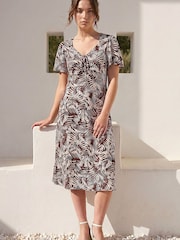 Roman Brown Petite Abstract Print Stretch Midi Dress - Image 1 of 4