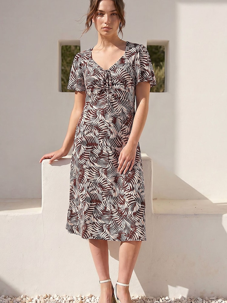 Roman Brown Petite Abstract Print Stretch Midi Dress - Image 1 of 4 Roman Brown Petite Abstract Print Stretch Midi Dress - Image 1 of 4