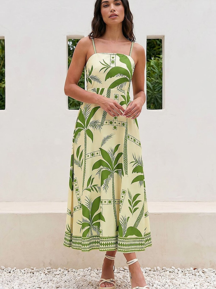 Roman Green Strappy Palm Print Midi Dress - Image 1 of 4 Roman Green Strappy Palm Print Midi Dress - Image 1 of 4