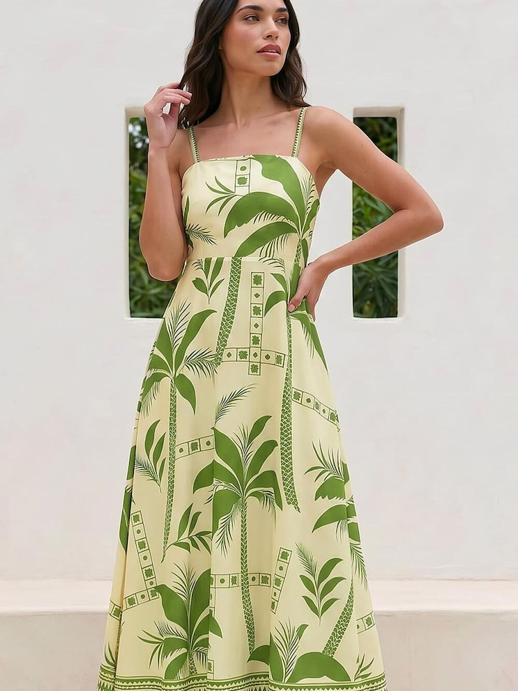Roman Green Strappy Palm Print Midi Dress - Image 2 of 4 Roman Green Strappy Palm Print Midi Dress - Image 2 of 4