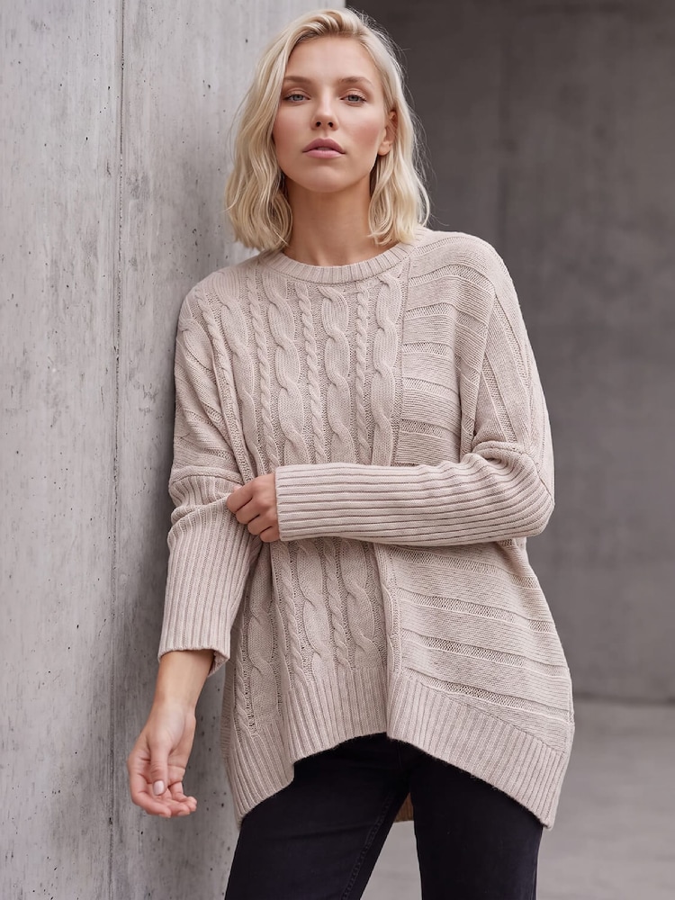 Roman Natural Petite Contrast Cable Knit Jumper - Image 1 of 4 Roman Natural Petite Contrast Cable Knit Jumper - Image 1 of 4