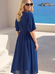 Roman Blue Petite Linen Tie Midi Dress - Image 3 of 4