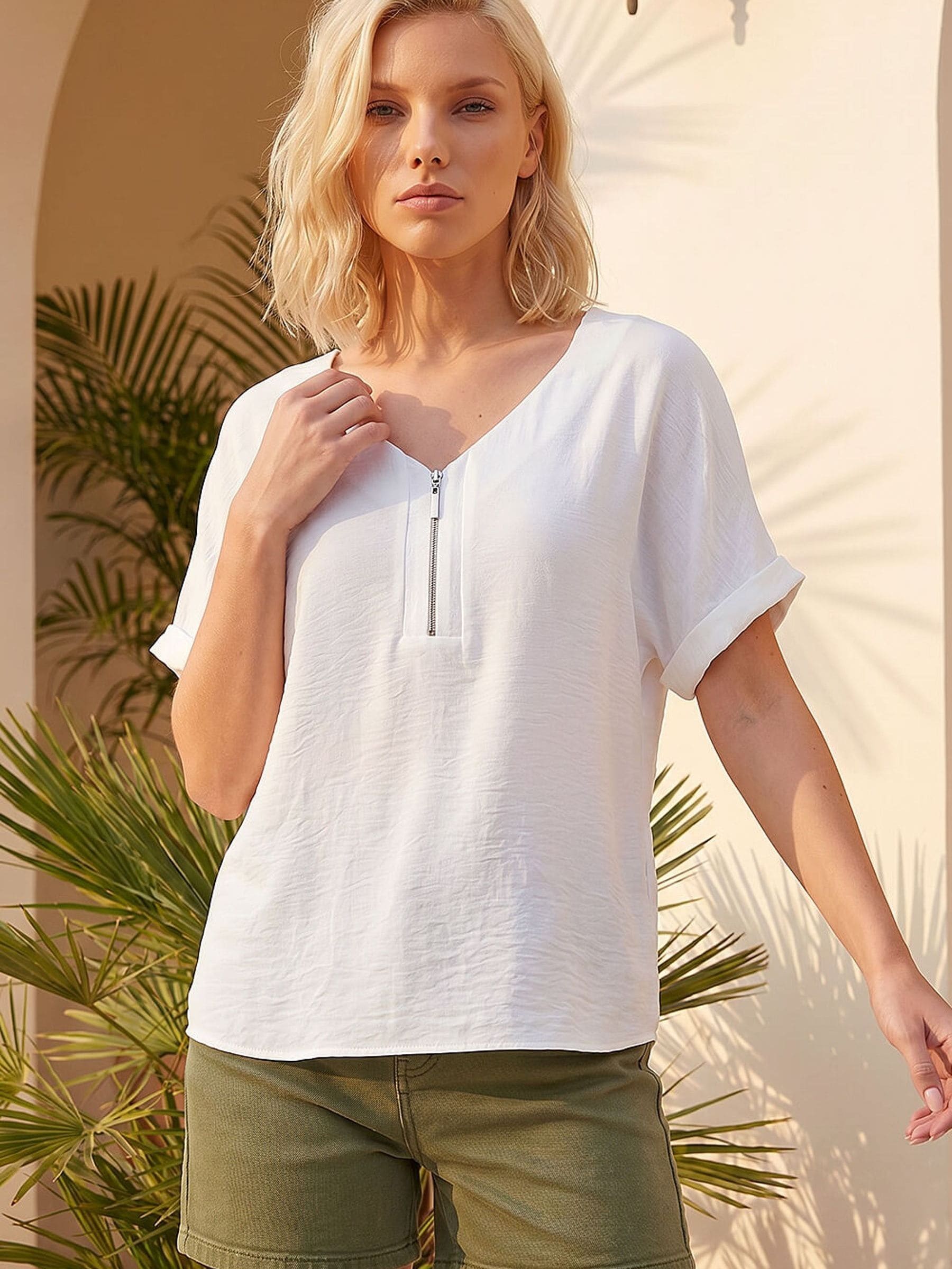 Roman Women's White Petite Zip Front V-Neck Top