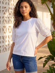 Roman White Petite Embroidered Puff Sleeve Top - Image 1 of 4