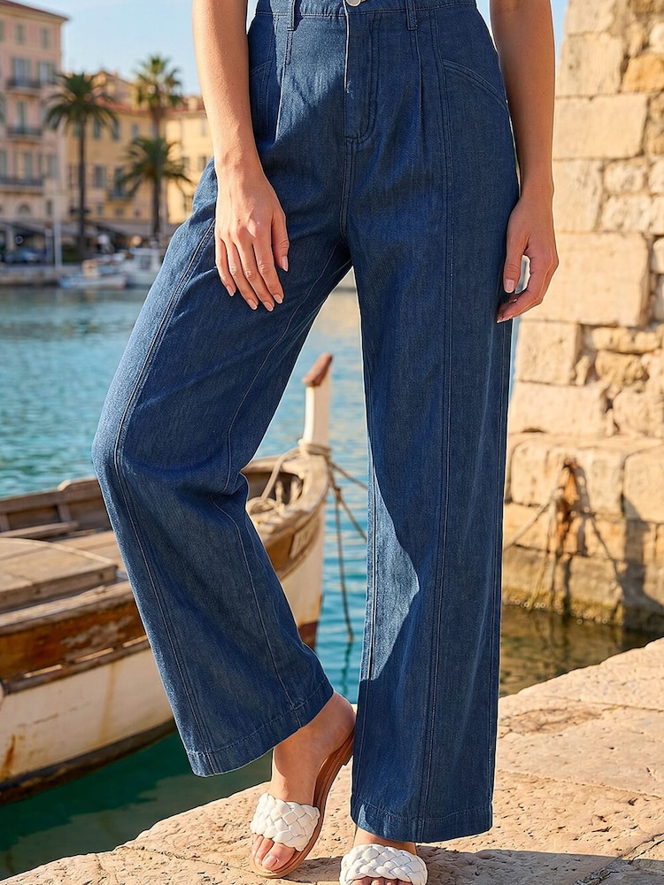 Roman Indigo Blue Petite Stitch Pocket Wide Leg Denim Trousers - Image 2 of 4 Roman Indigo Blue Petite Stitch Pocket Wide Leg Denim Trousers - Image 2 of 4