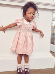 Roza geometrijski potisk - Printed Lace Collar Shirred Cotton Dress (3mths-7yrs) - Slika 1 iz 7