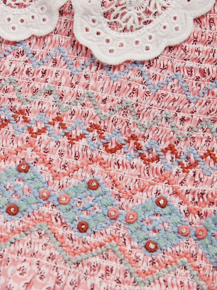 Roza geometrijski potisk - Printed Lace Collar Shirred Cotton Dress (3mths-7yrs) - Slika 7 iz 7