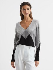 Reiss Black/Grey Charlotte Wool Blend Argyle Jumper - Image 1 of 5