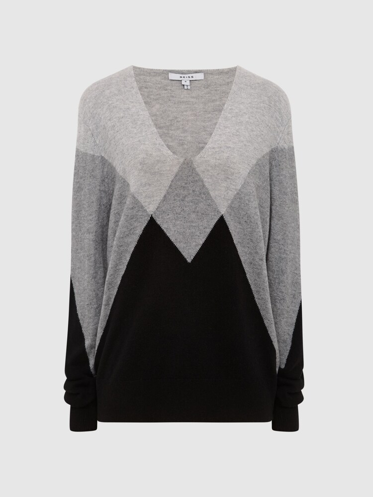 Reiss Black/Grey Charlotte Wool Blend Argyle Jumper - Image 2 of 5