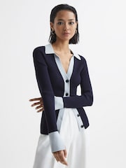 Reiss Blue/Navy Alicia Rib-Knitted Cardigan - Image 1 of 8
