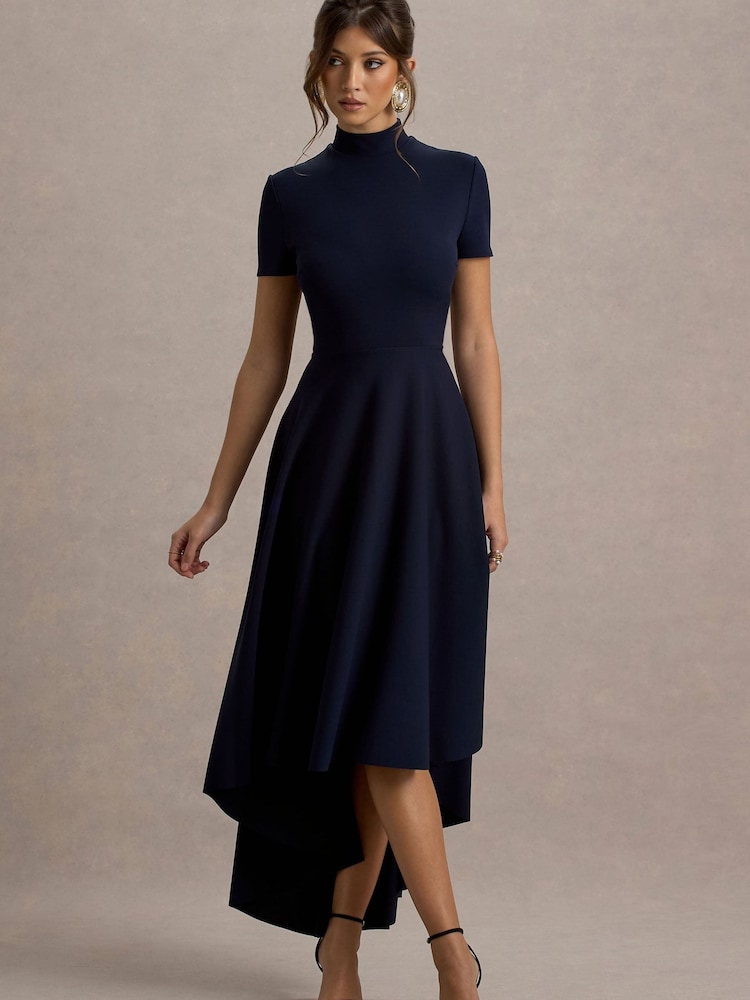 Club L London Blue Bellona | High-Neck High-Low Midi Dress - Image 1 of 5