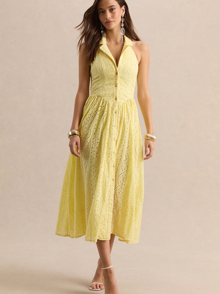 Club L London Yellow Jezebel | Lace Plunge-Neck Collared Midi Dress - Image 5 of 5