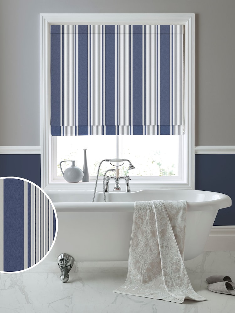 Laura Ashley Midnight 100% Cotton Tiverton Stripe Made To Measure Roman Blinds - Image 1 of 6