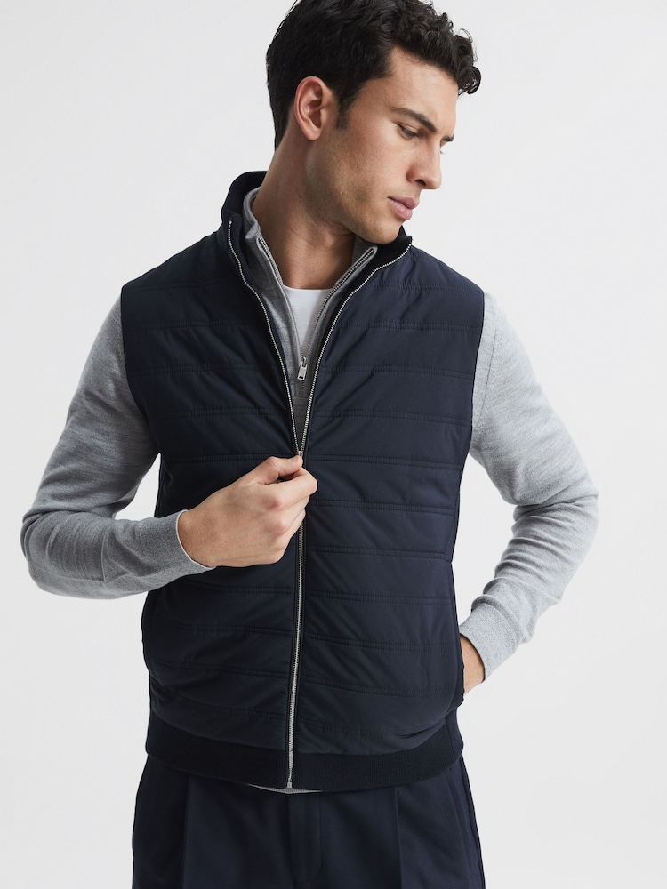 Reiss Navy William Hybrid Quilt and Knit Zip-Through Gilet - Image 1 of 6