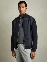 Reiss Navy Trainer Hybrid Quilt and Knit Zip-Through Jacket - Image 1 of 7