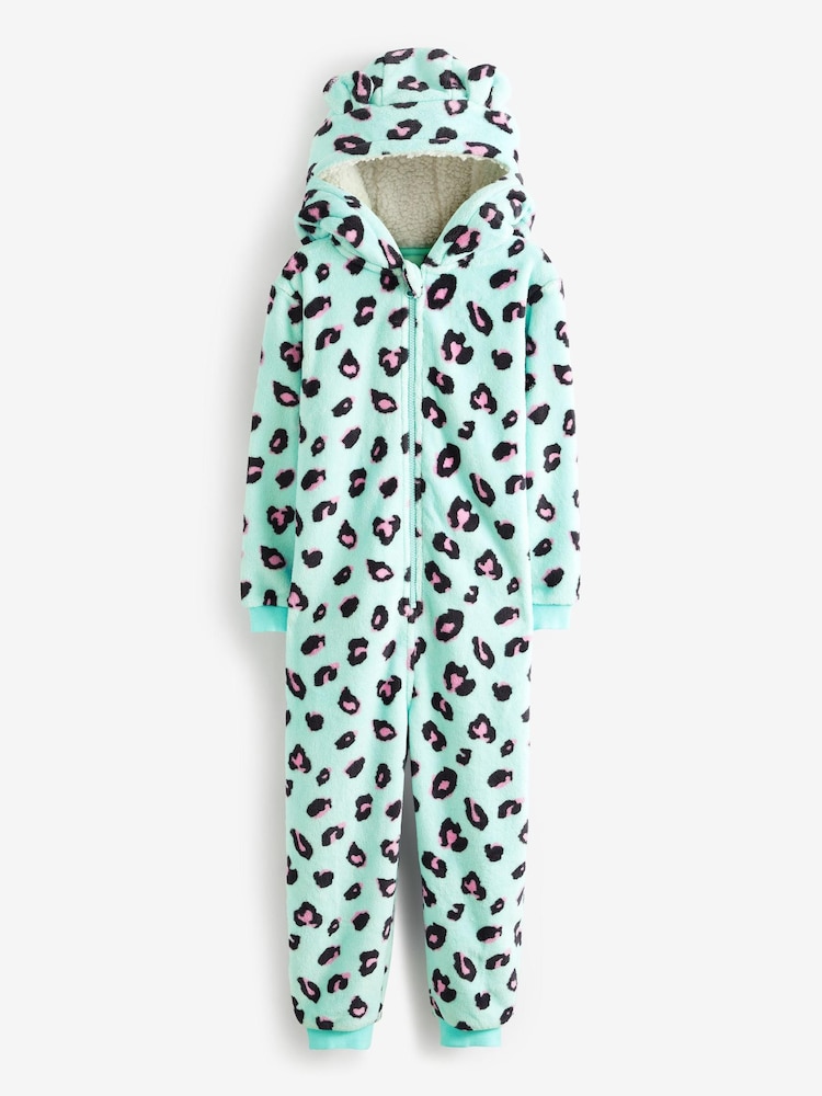 Turquoise Blue Leopard Animal Fleece all in one (3-16yrs) - Image 1 of 2