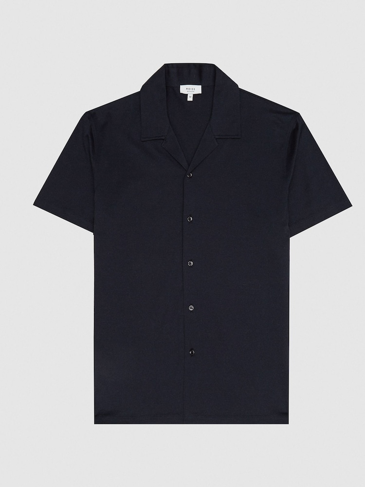 Reiss Blue Caspa Mercerised Cotton Cuban Collar Jersey 100% Cotton Shirt - Image 2 of 5