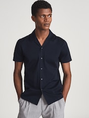 Reiss Blue Caspa Mercerised Cotton Cuban Collar Jersey 100% Cotton Shirt - Image 3 of 5