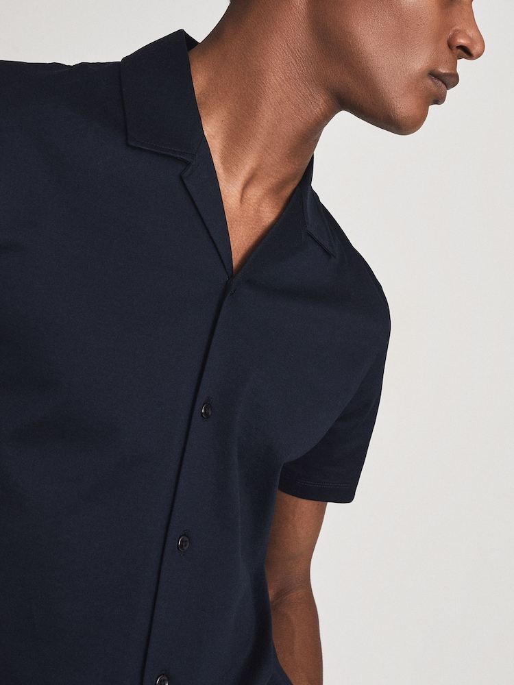 Reiss Blue Caspa Mercerised Cotton Cuban Collar Jersey 100% Cotton Shirt - Image 4 of 5
