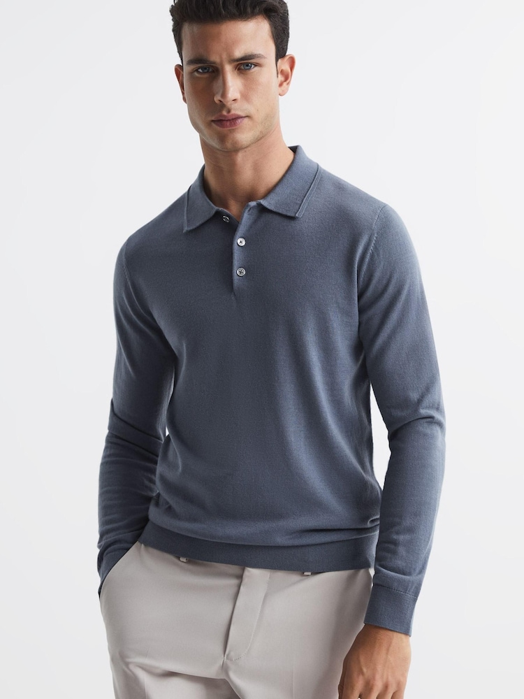 Reiss Nickel Blue Trafford Merino Wool Polo Shirt - Image 1 of 6