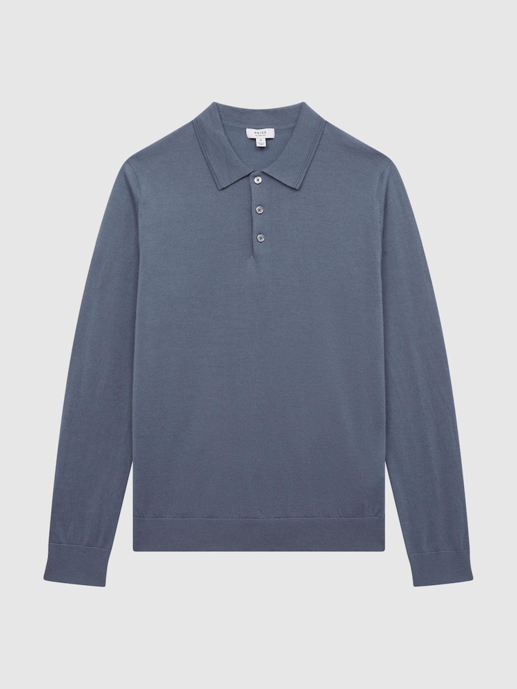 Reiss Nickel Blue Trafford Merino Wool Polo Shirt - Image 2 of 6