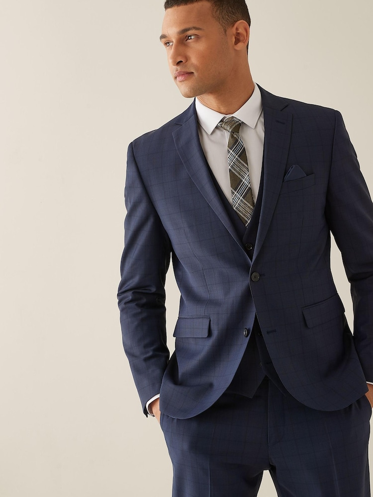 Leuchtend Blau - Motion Flex Karierter Anzug in Slim Fit aus Wollmischung: Sakko - Bild 1 von 7