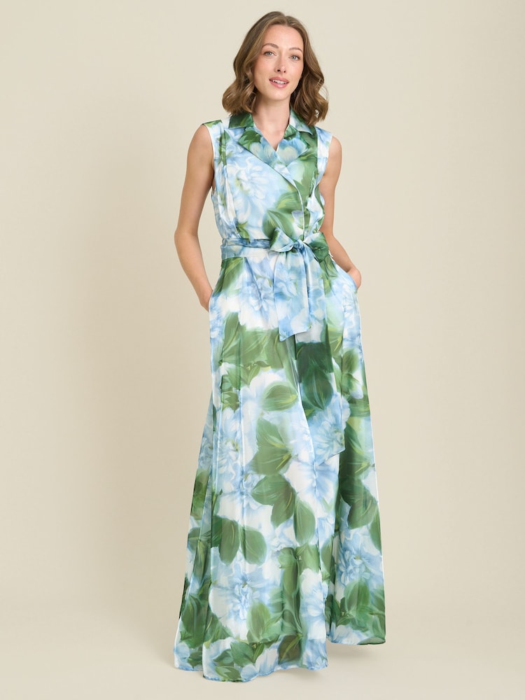 Gina Bacconi Green Rikki Floral Belt Tie Maxi Dress - Image 1 of 5