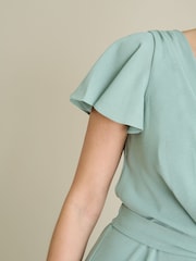 Gina Bacconi Green Peppa Tie Waist V Neck Faux Wrap Dress - Image 4 of 6