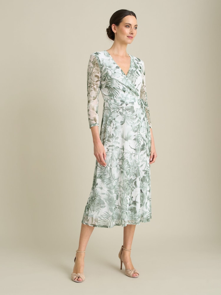 Gina Bacconi Green Nancie Floral Mesh Faux Wrap Dress - Image 1 of 6 Gina Bacconi Green Nancie Floral Mesh Faux Wrap Dress - Image 1 of 6