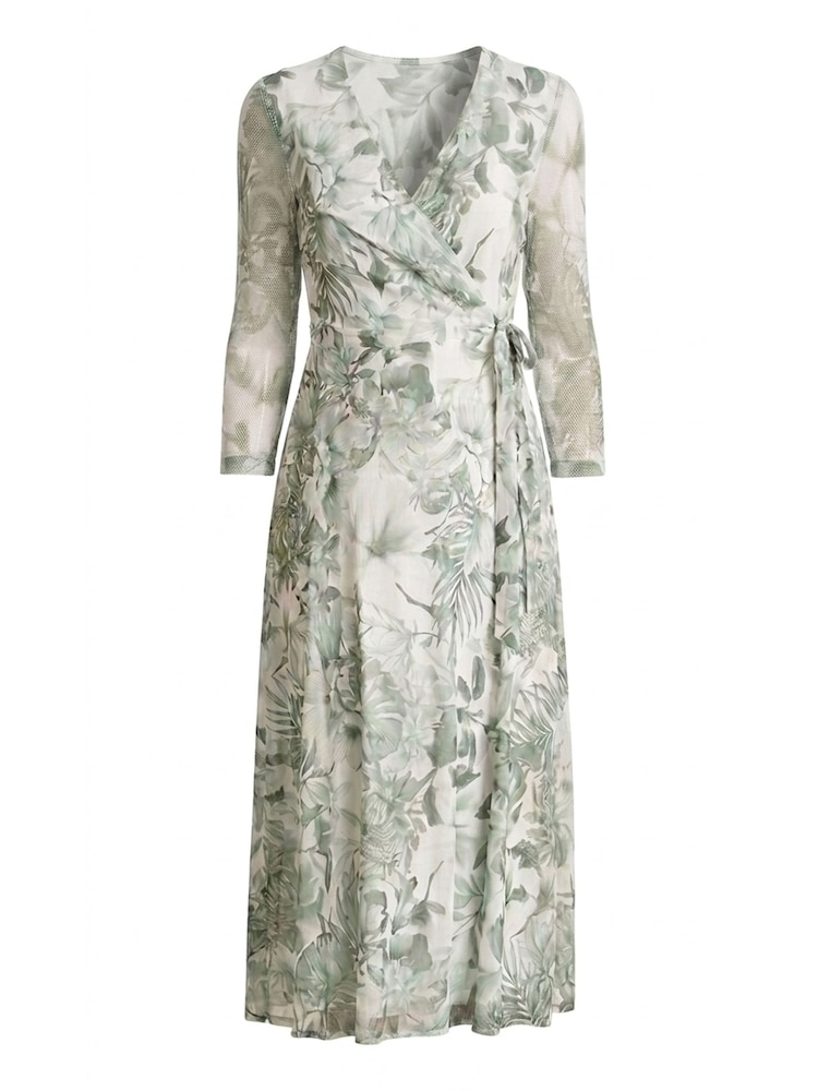 Gina Bacconi Green Nancie Floral Mesh Faux Wrap Dress - Image 6 of 6 Gina Bacconi Green Nancie Floral Mesh Faux Wrap Dress - Image 6 of 6