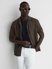Reiss Bitter Chocolate Rufus Linen Cuban Collar Shirt - Image 1 of 6