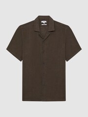 Reiss Bitter Chocolate Rufus Linen Cuban Collar Shirt - Image 2 of 6