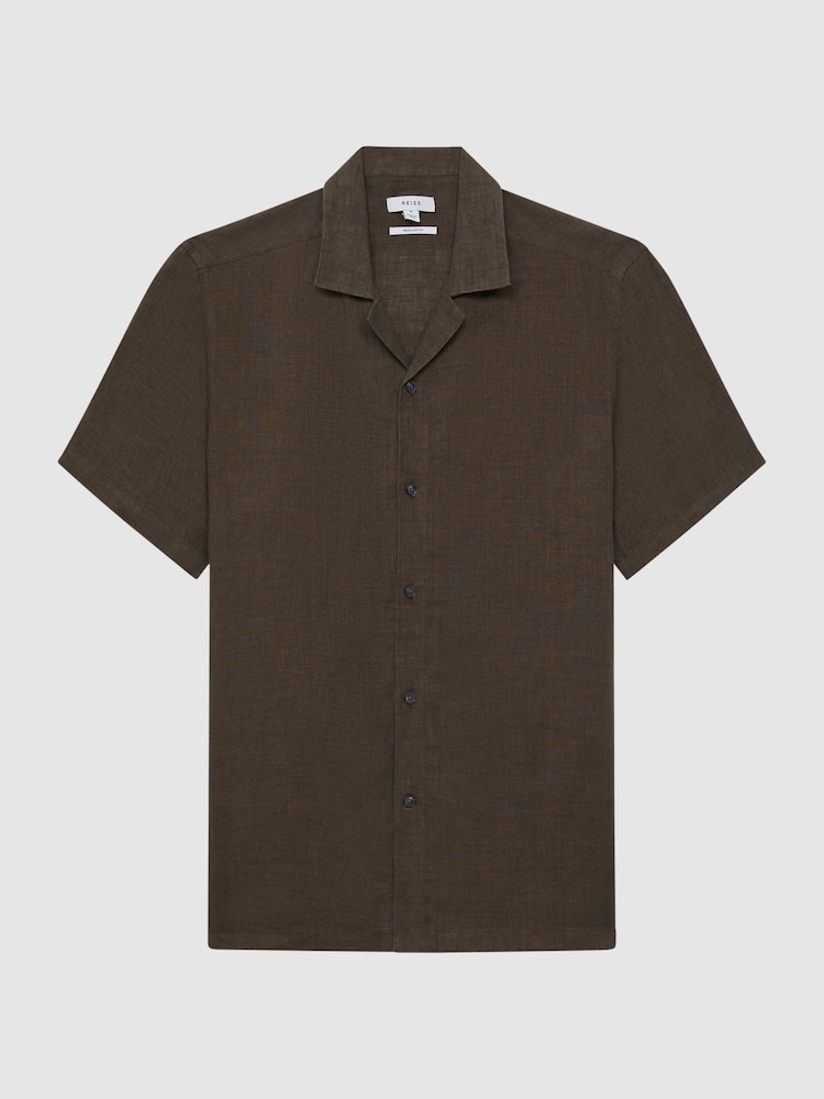 Reiss Bitter Chocolate Rufus Linen Cuban Collar Shirt - Image 2 of 6