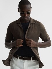 Reiss Bitter Chocolate Rufus Linen Cuban Collar Shirt - Image 4 of 6
